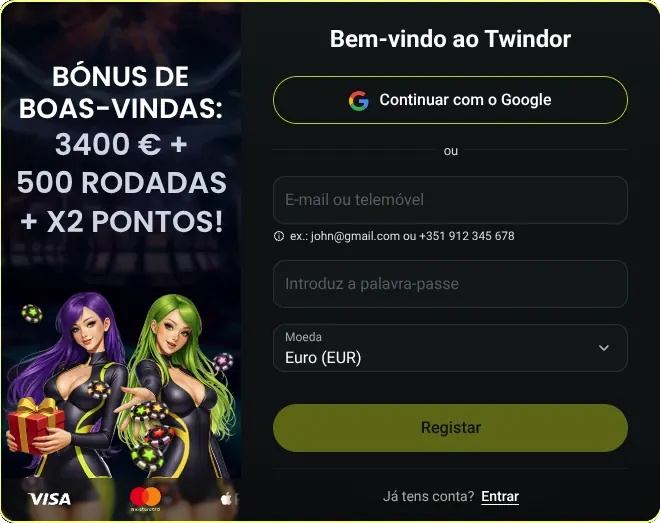 Registo no Twindor — bónus de boas-vindas 3400 € + 500 rodadas grátis + x2