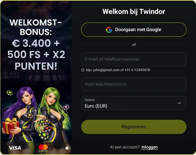 Registreren bij Twindor — welkomstbonus € 3.400 + 500 gratis spins + x2